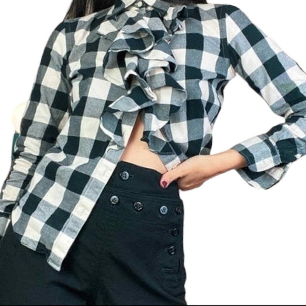 Vintage Ralph Lauren Black Cream Buffalo Plaid Ruffle Flannel Shirt Size 6